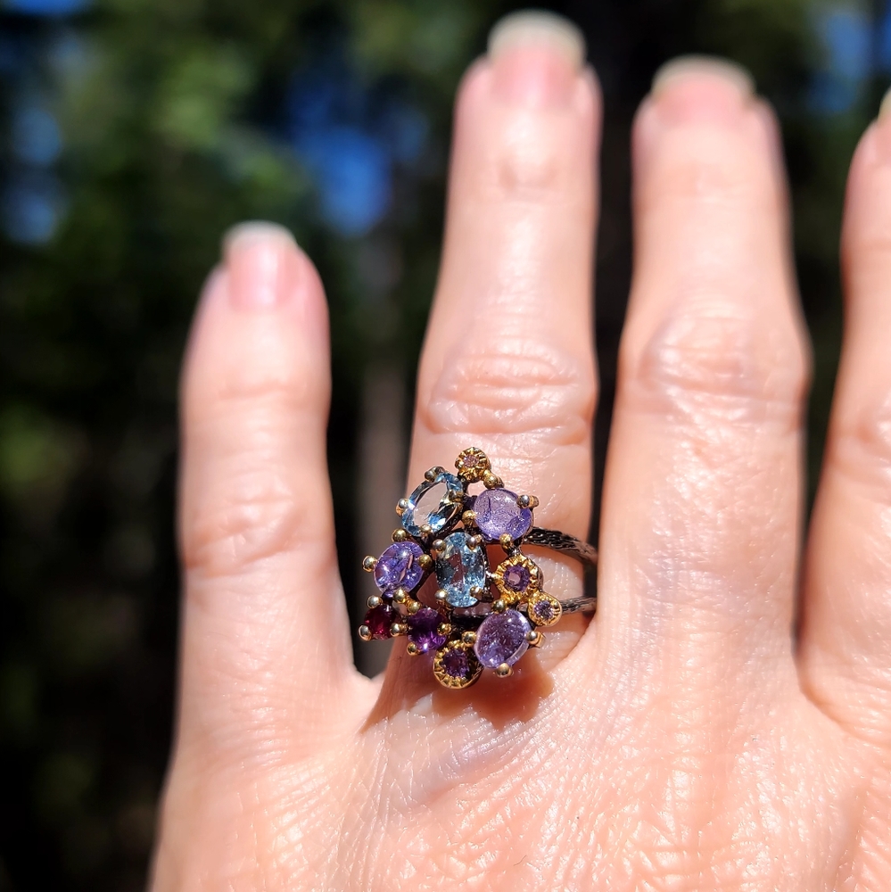 Blue Topaz Tanzanite Amethyst & Rhodolite Sterling 🍸 Cocktail 💍 ring sz6.5 - Picture 8 of 8